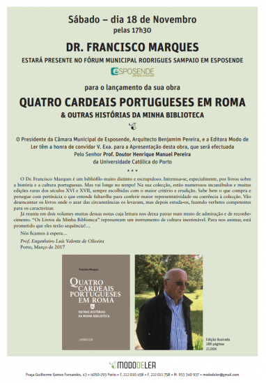 Henrique Manuel Pereira, docente da EA, apresenta obra sobre Cardeais Portugueses em Roma, da autoria de Francisco Marques