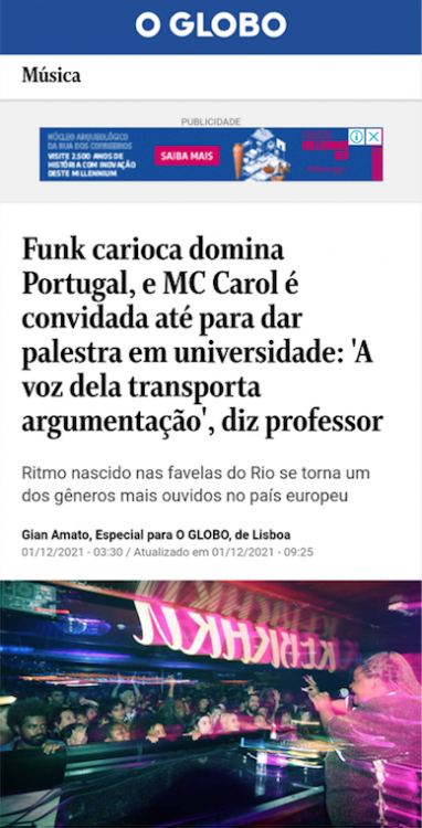 Artist Talk com MC Carol é destaque no jornal brasileiro O Globo